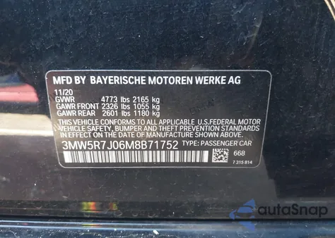 2021 BMW 330I xDrive z USA, uszkodzony, nr VIN 3MW5R7J06M8B71752